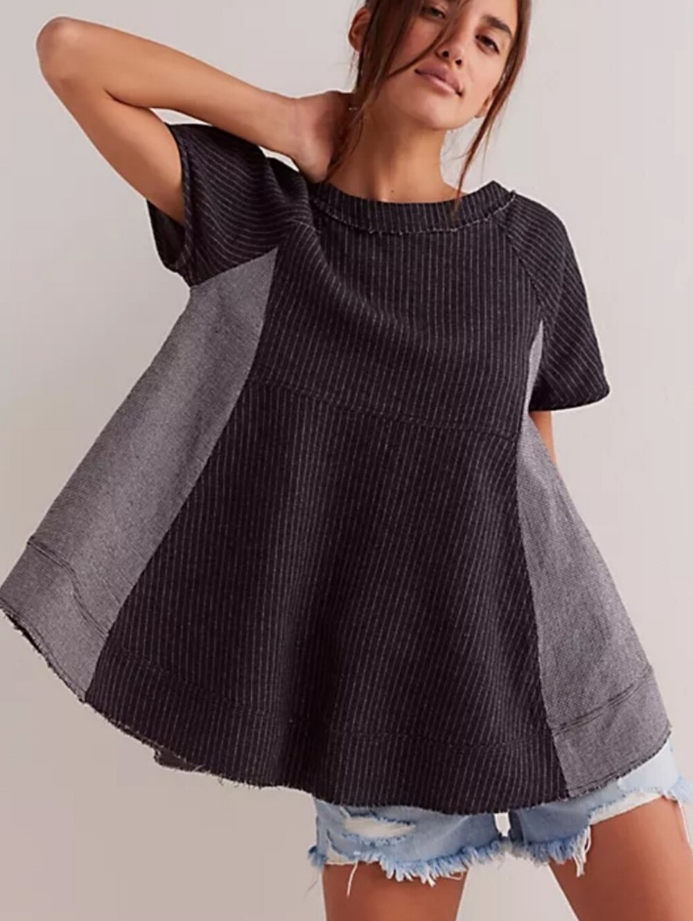 Free People We The Free S Black Pinstripe Puff Sleeve Swing Tunic Top NWT Cotton